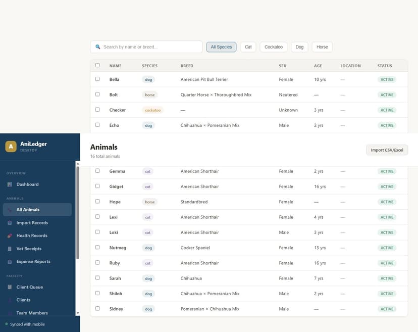 All animals table view with search and filters