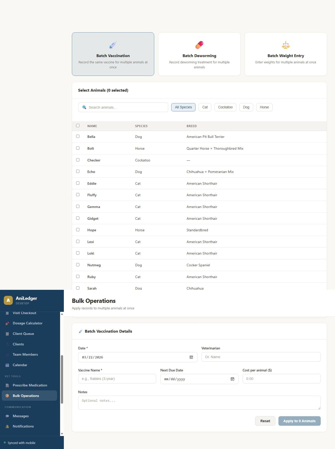 Bulk operations for multiple animals