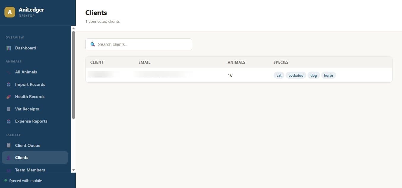 Client list with search and animal counts