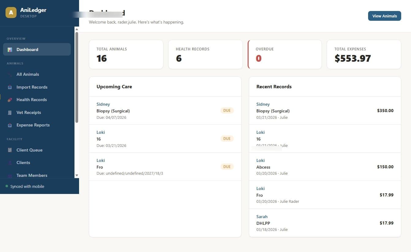 AniLedger Desktop dashboard with daily overview
