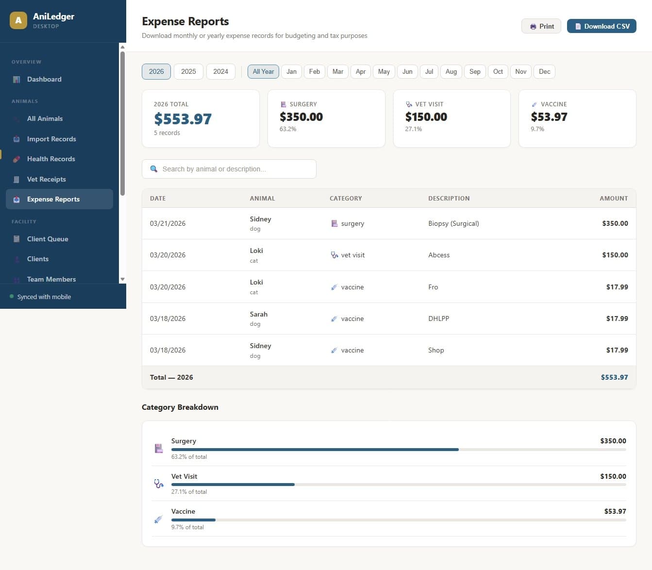 Expense reports with monthly chart