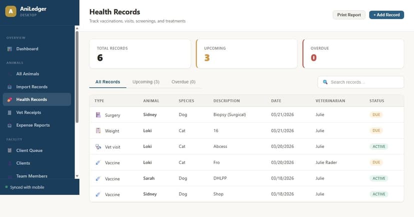 Health records table with type filters