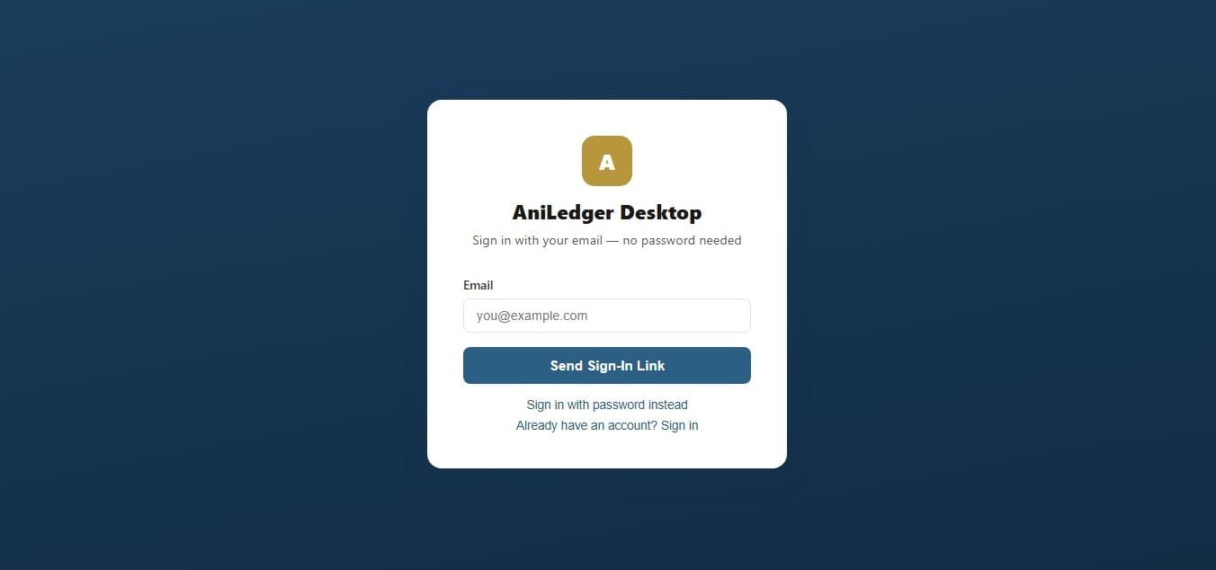 AniLedger Desktop sign-in screen