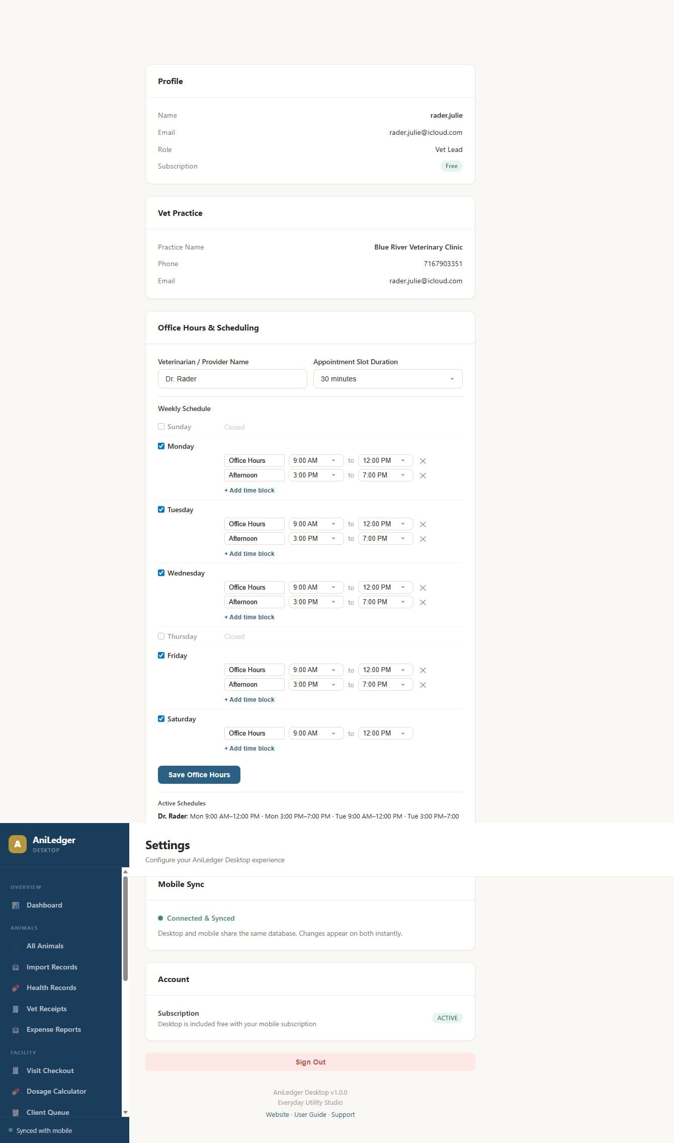 Settings with office hours configuration