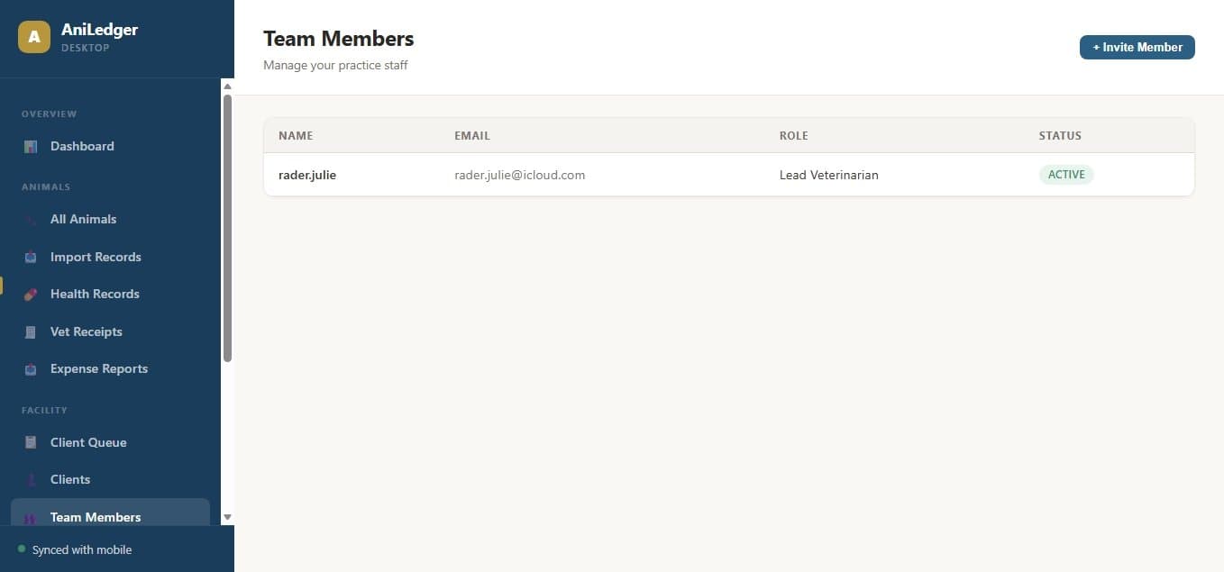 Team members with roles and status