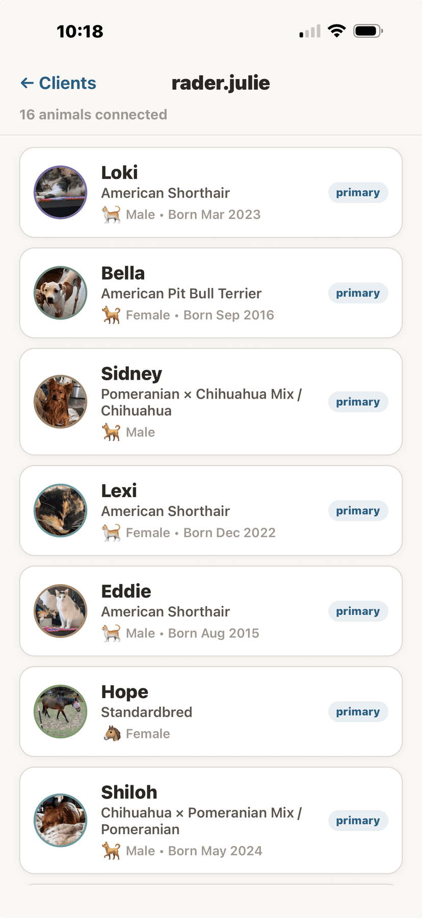 Animals list showing all your pets