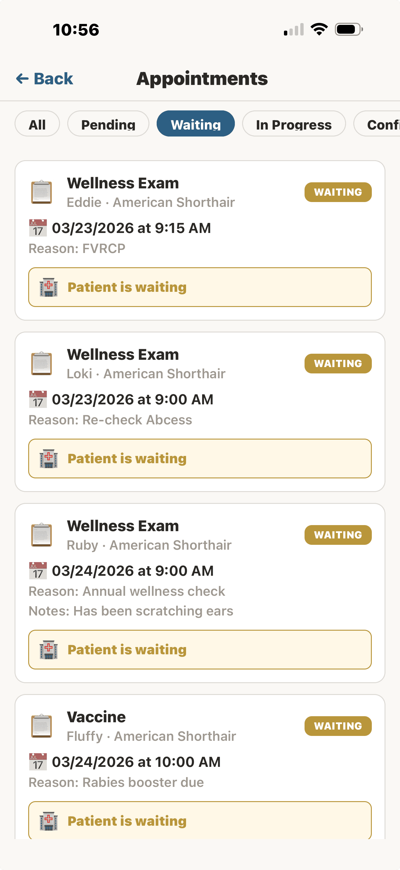 Appointment queue with waiting patients