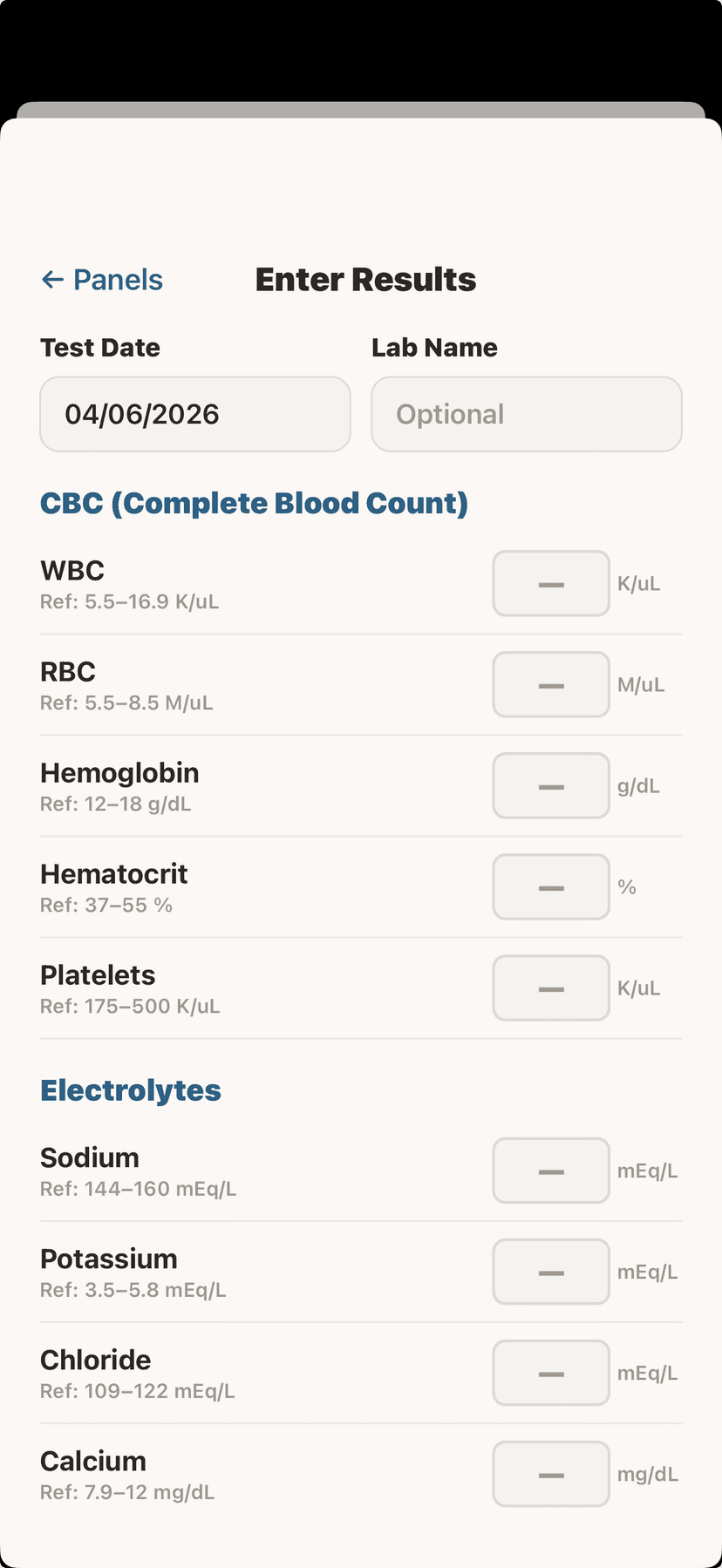 Blood work results with marker details