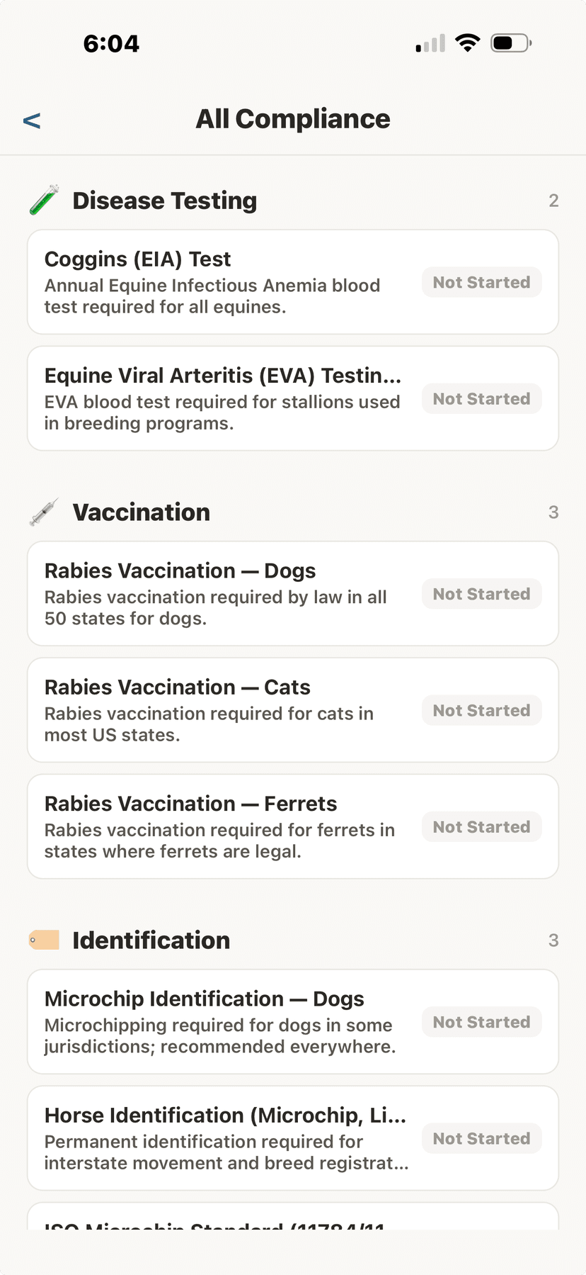 Disease testing and vaccination requirements