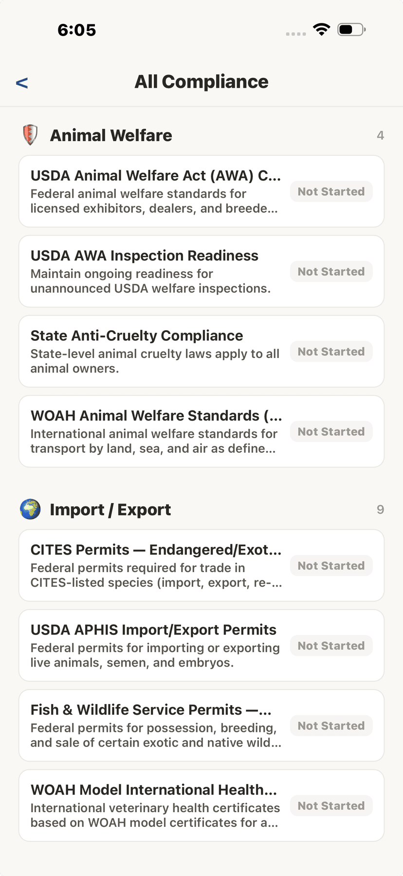 Animal welfare requirements