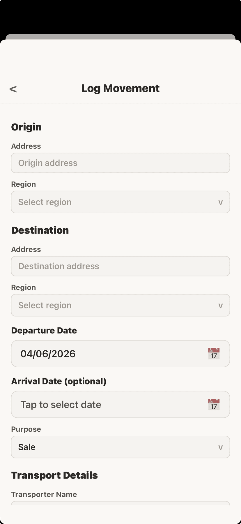 Log animal movements and transport