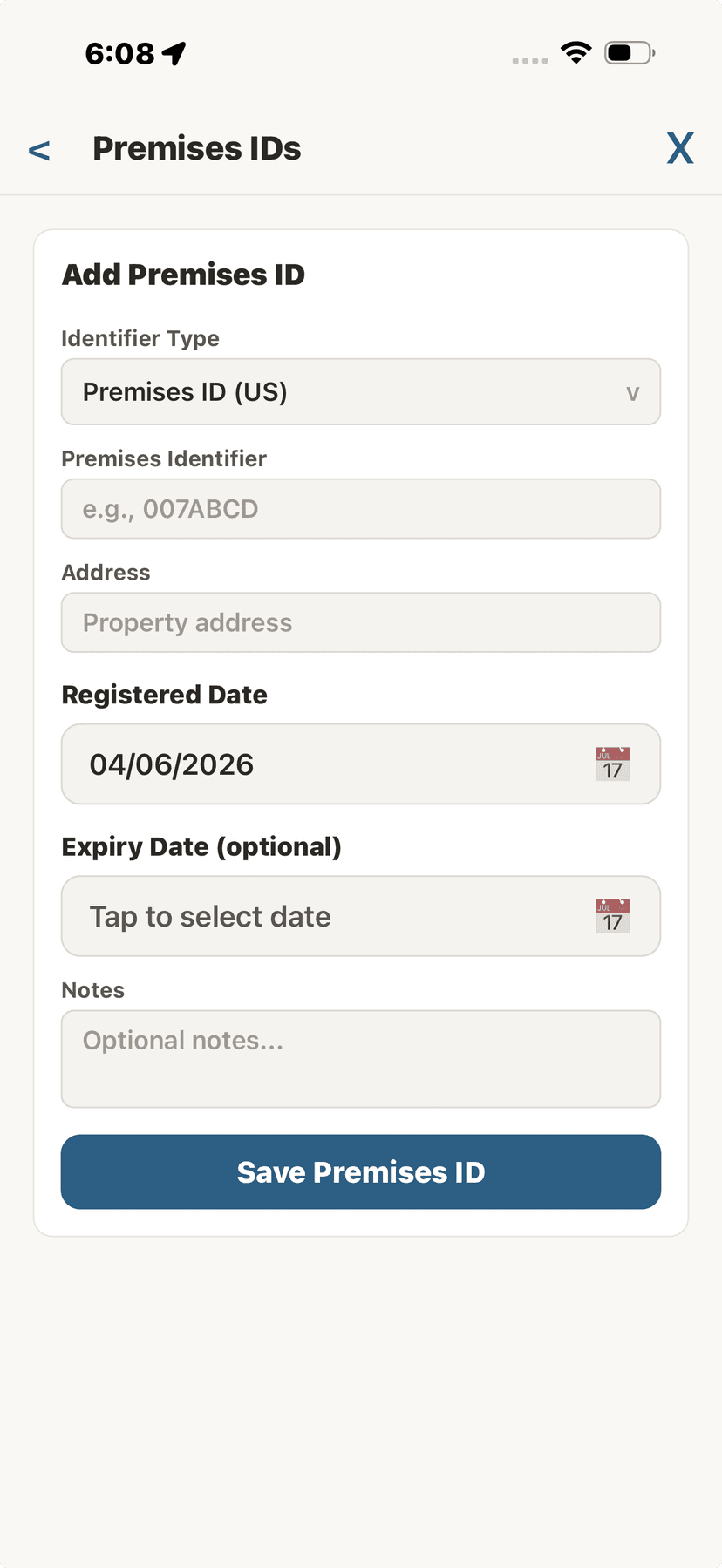 Premises ID registration