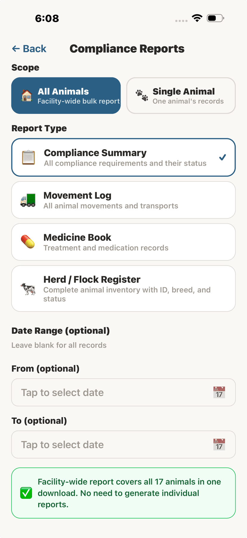 Facility-wide bulk compliance reports