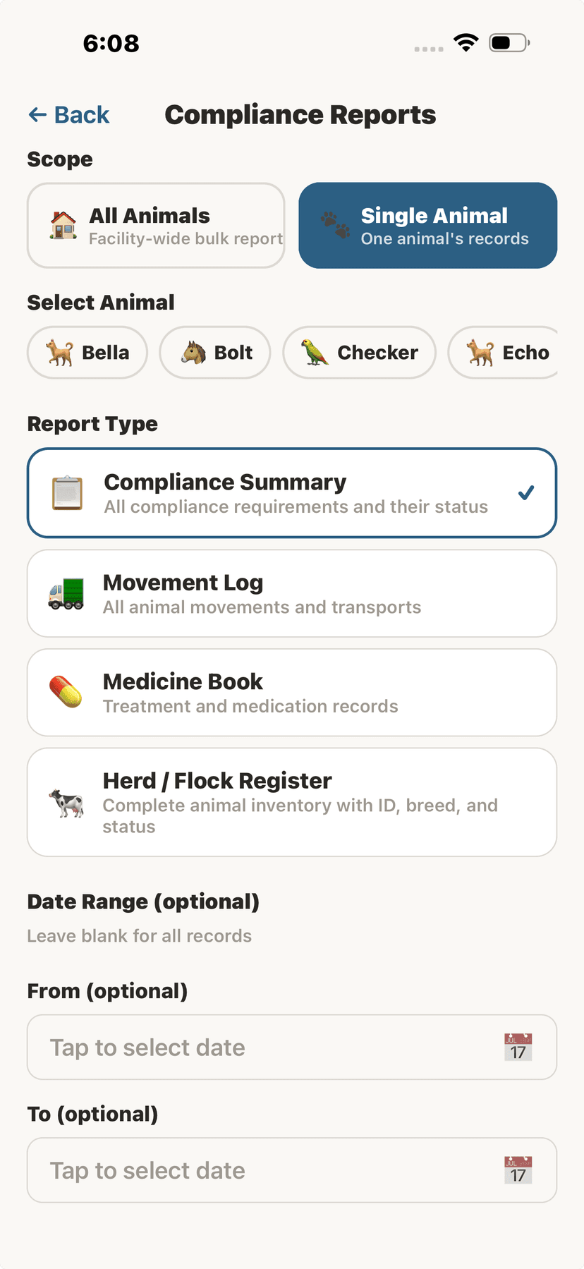 Single animal compliance report