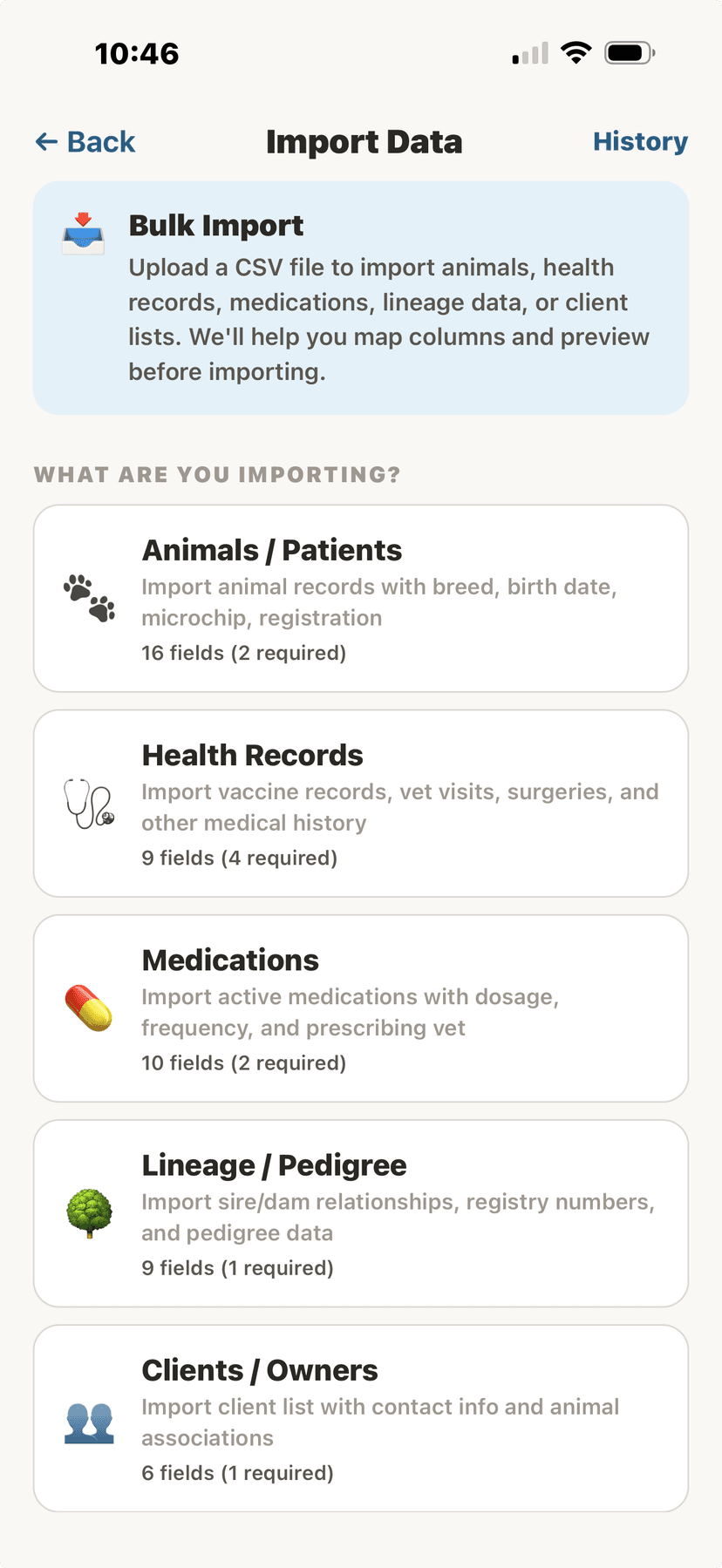 CSV import for animal data