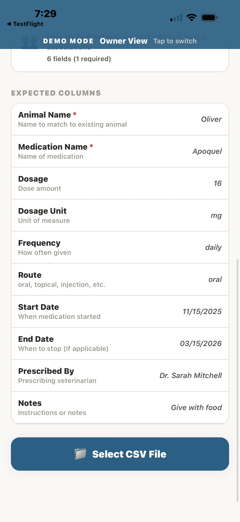 CSV import for medications