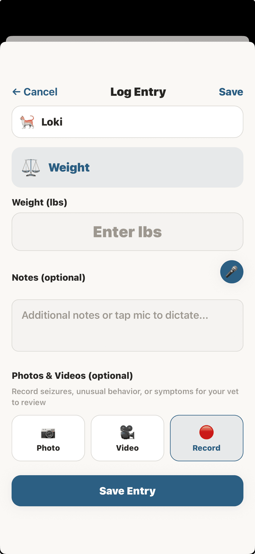 Daily log — weight entry