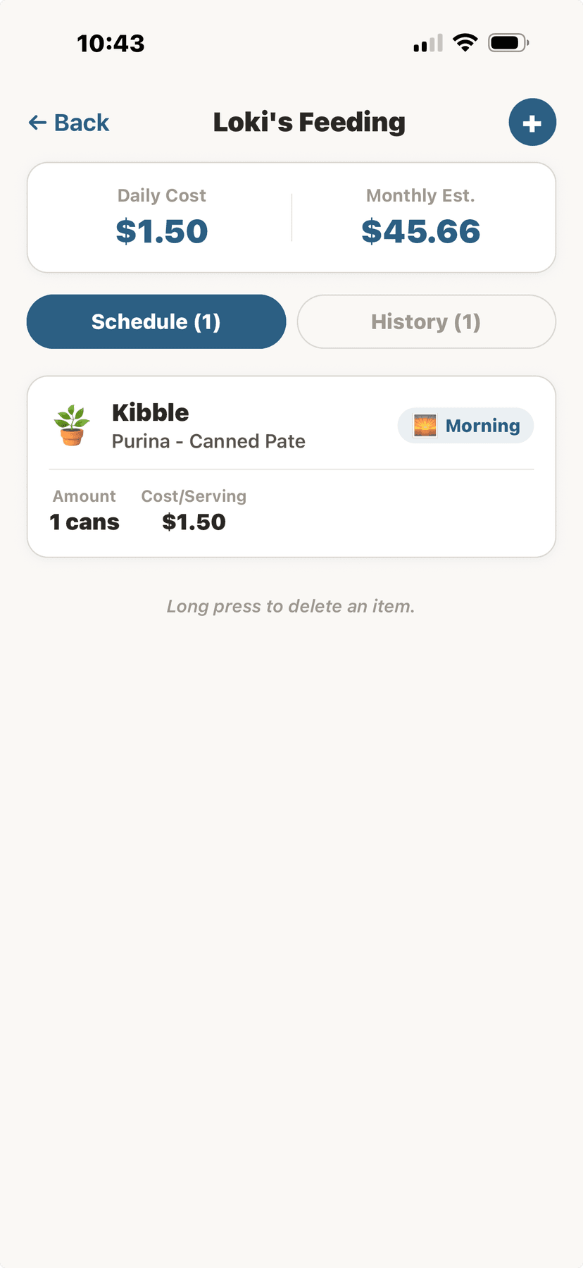 Feeding schedule with cost tracking and daily estimates