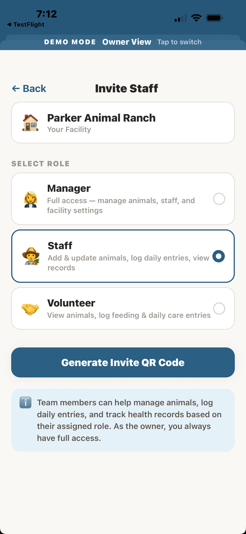 Invite staff with role selection