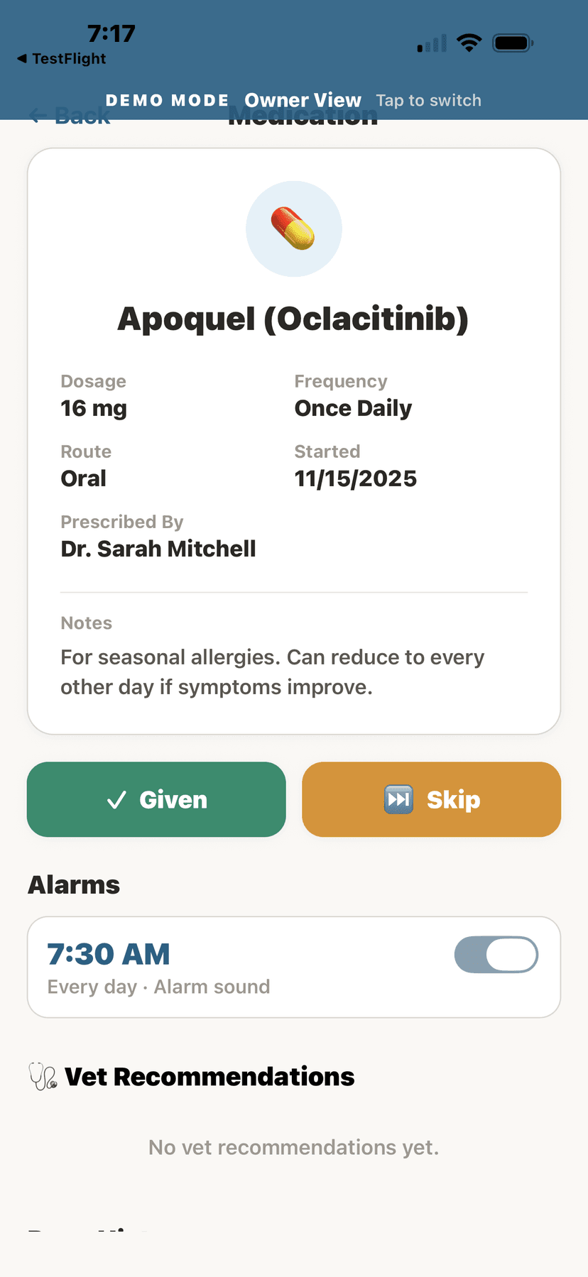 Medication detail with dosage info