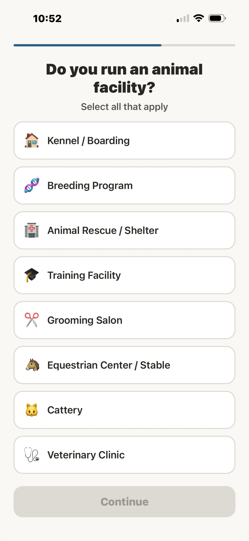 Facility type selection