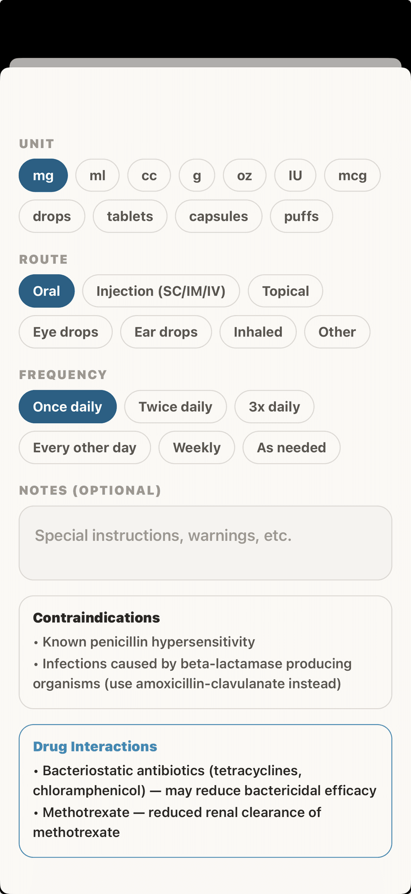 Prescribe form with unit, route, and frequency