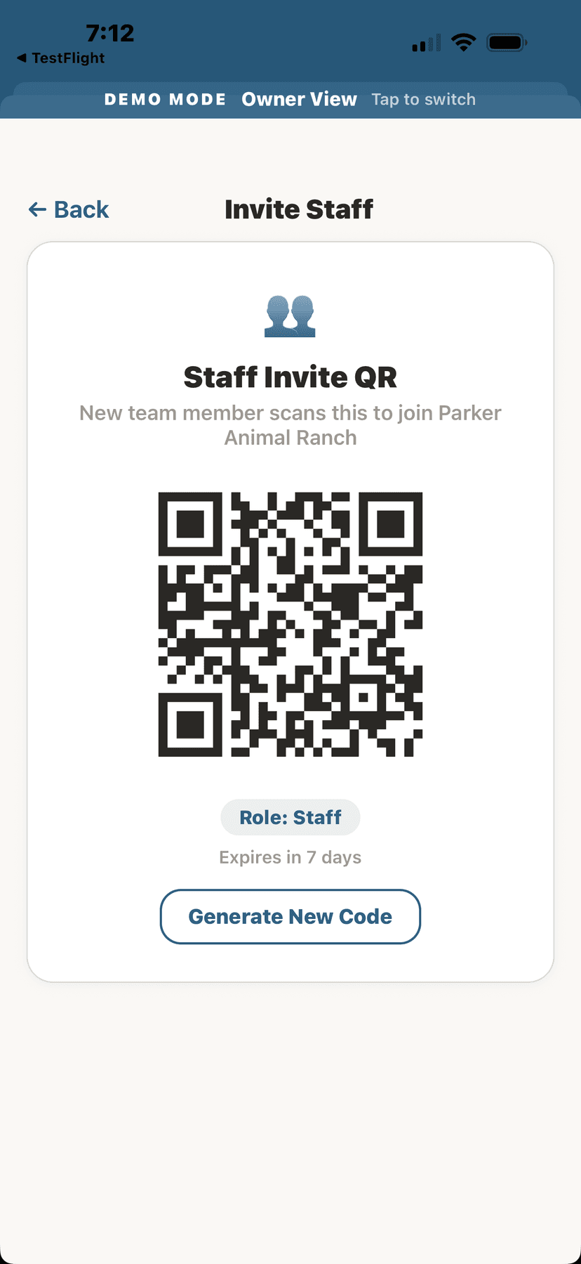 Staff invite QR code