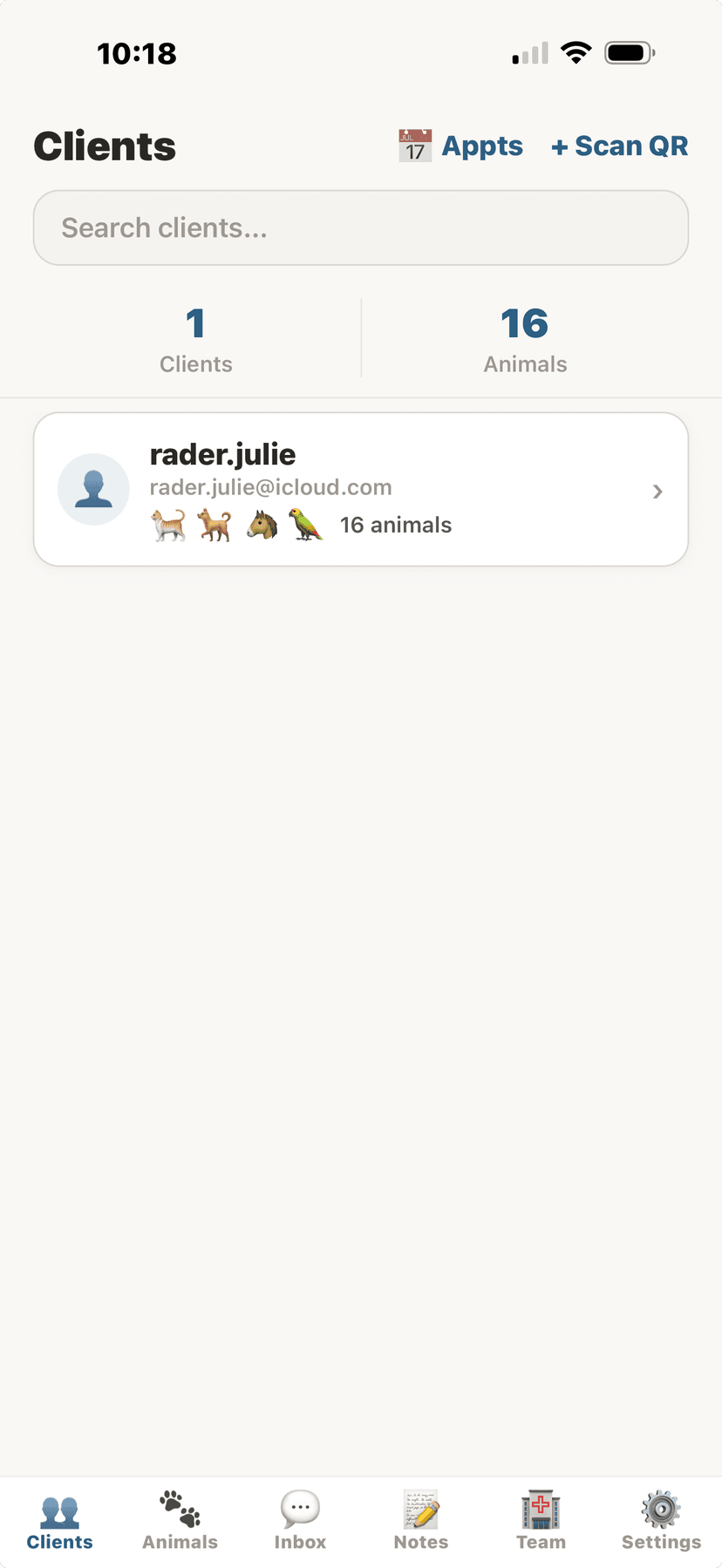 Vet client dashboard with animal counts