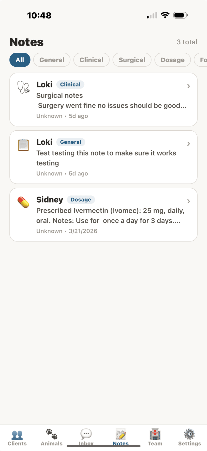 SOAP notes filtered by type