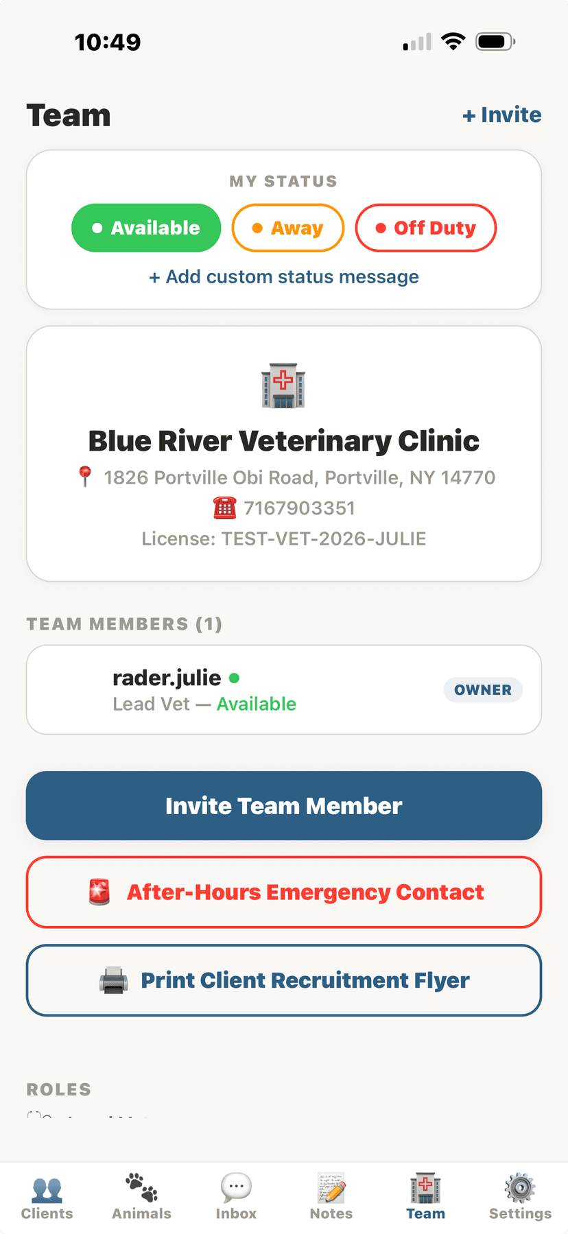 Team management with availability status