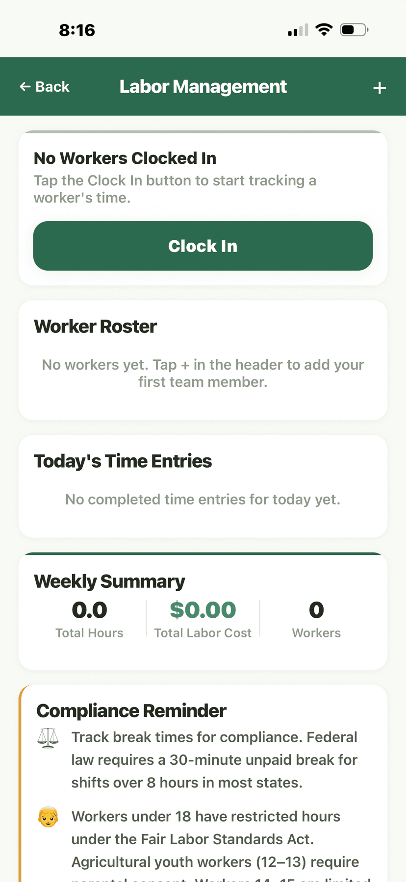 Labor Management - clock in, roster, time entries, compliance