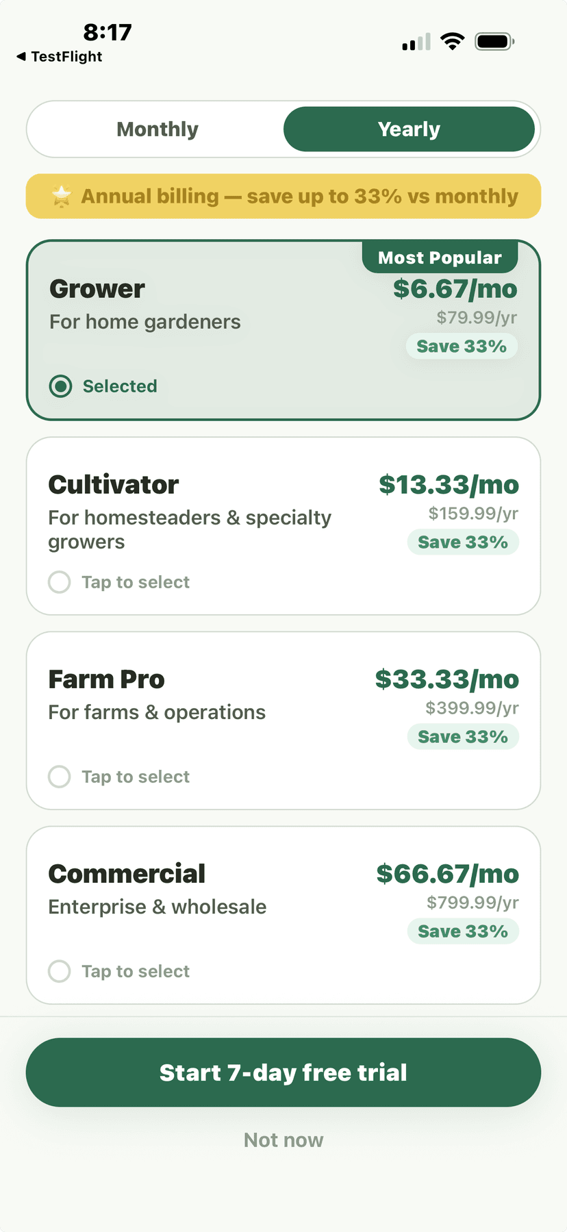 Paywall - yearly pricing with 4 tiers (adds Commercial)