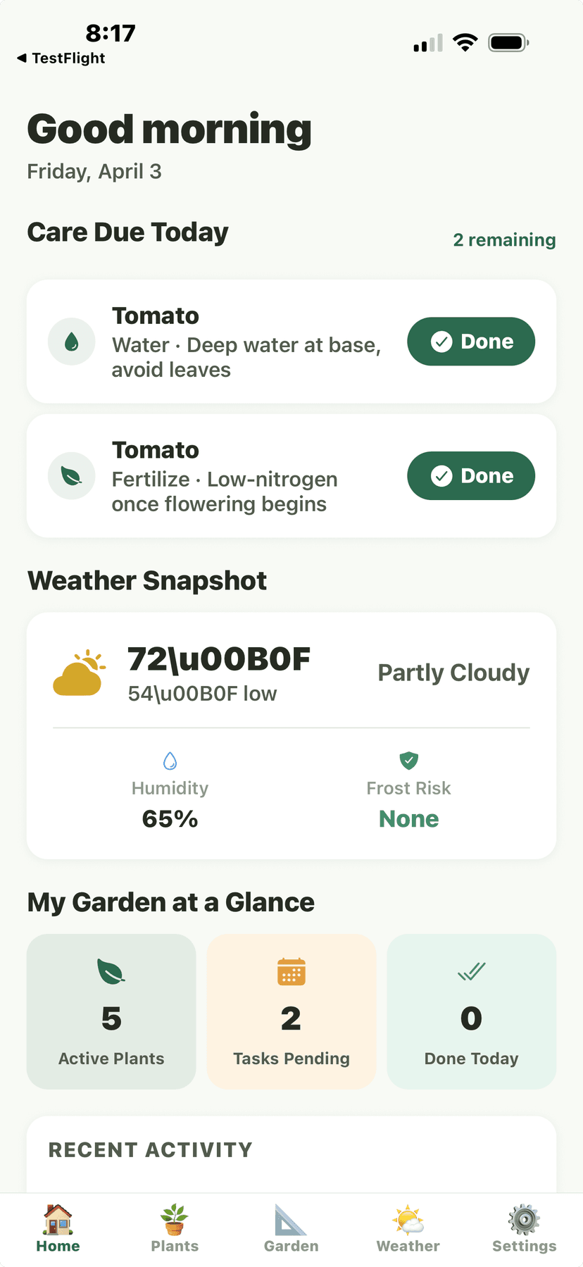 Home dashboard with care due today and weather