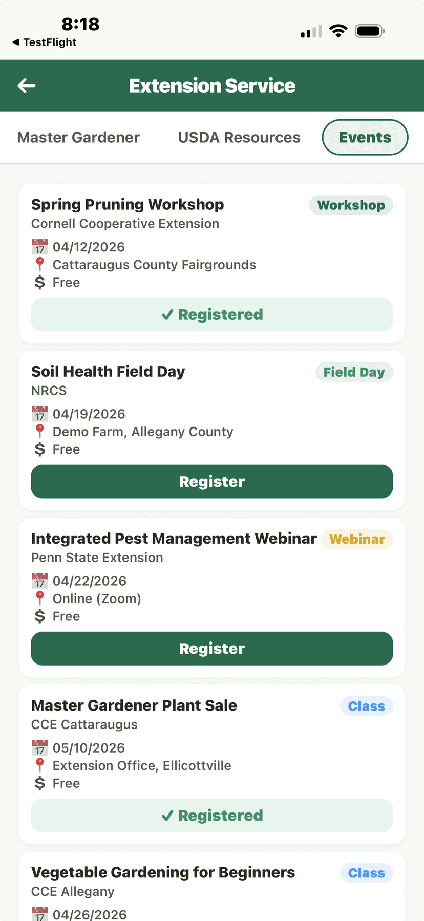 Extension service events and workshops