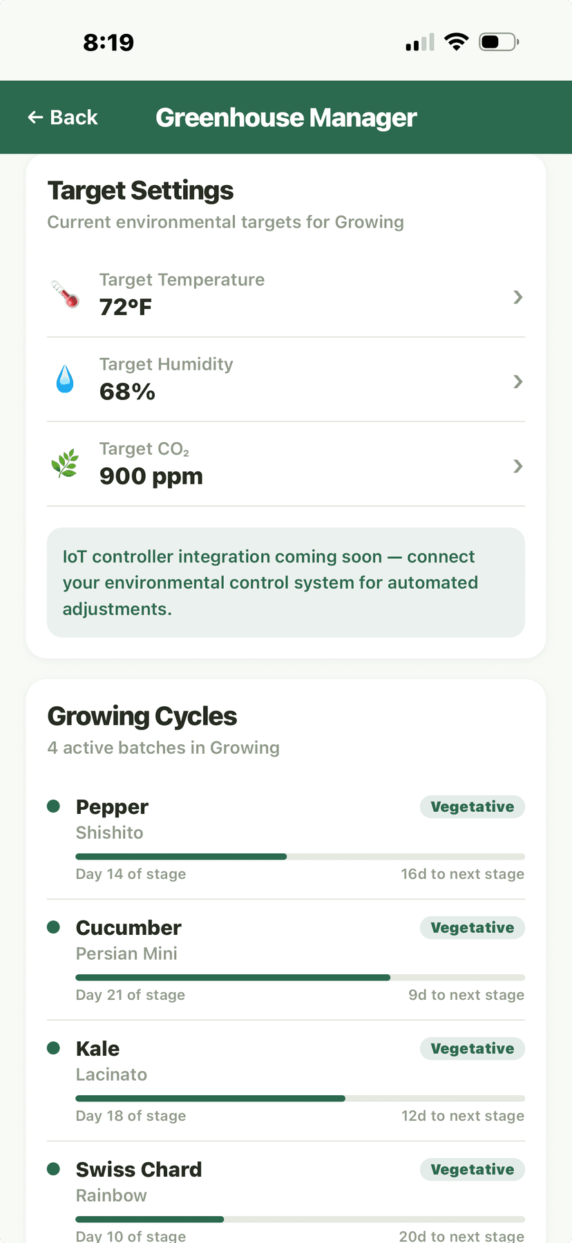 Greenhouse Manager - target settings and growing cycles (Pepper, Cucumber, Kale)