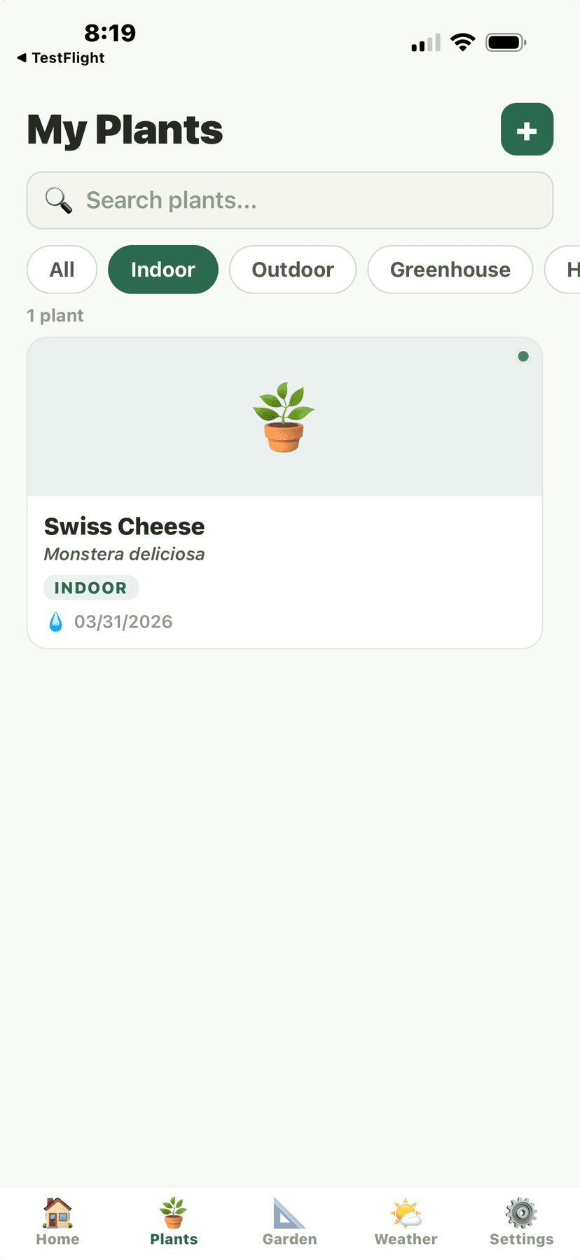 My Plants list with species and locations