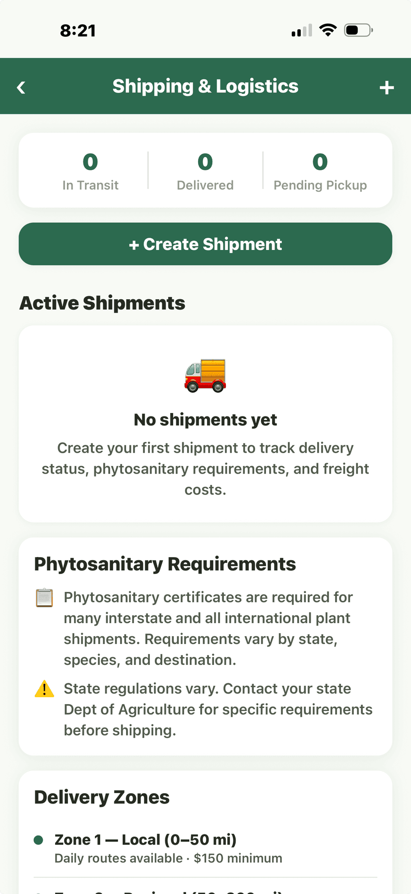 Shipping and logistics with delivery zones