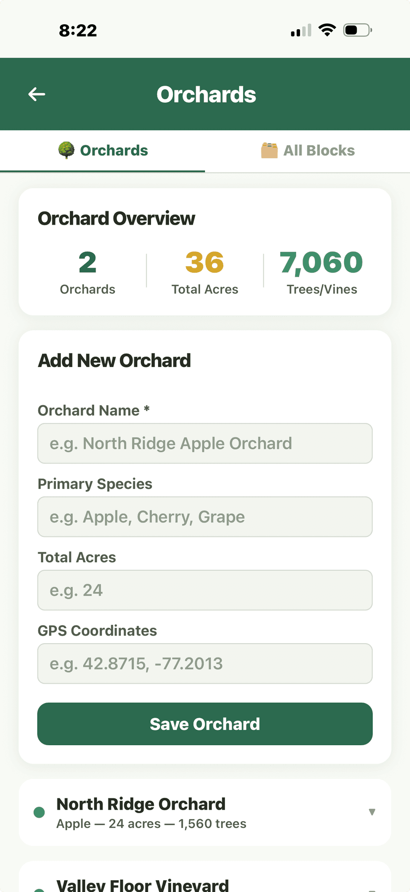 Orchards - Add New Orchard form