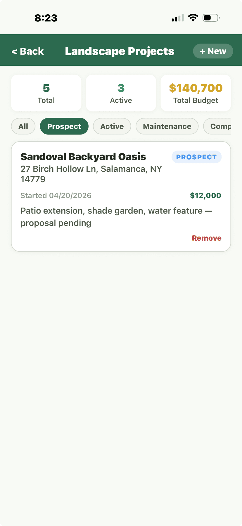 Landscape projects with budgets and status