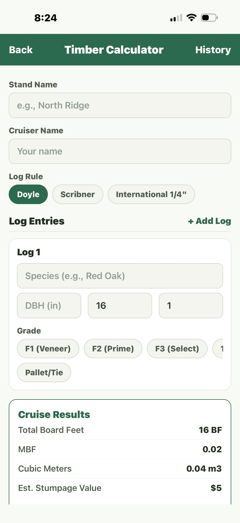 Timber calculator with board feet and stumpage value
