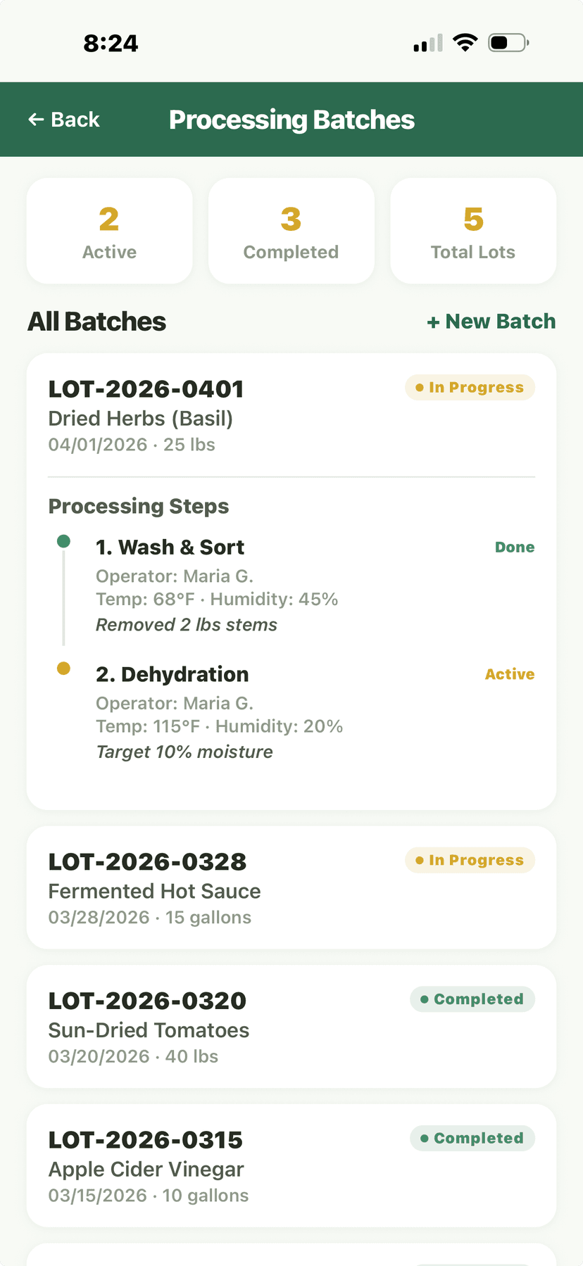 Processing batches with dehydration and fermentation