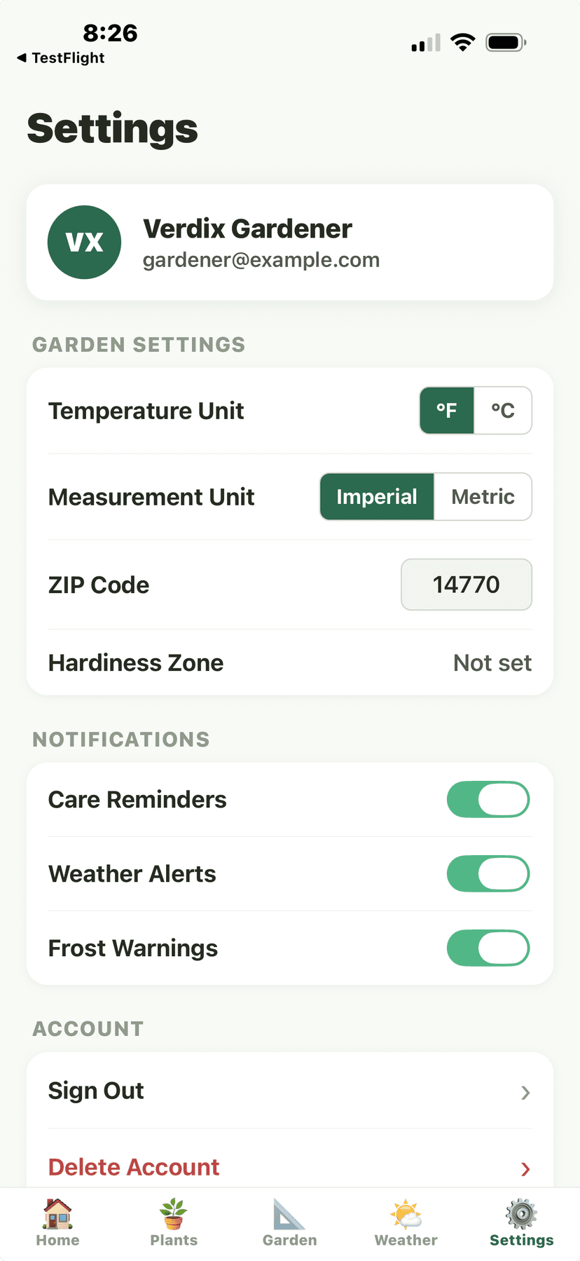 Settings - profile, garden settings, notifications, account