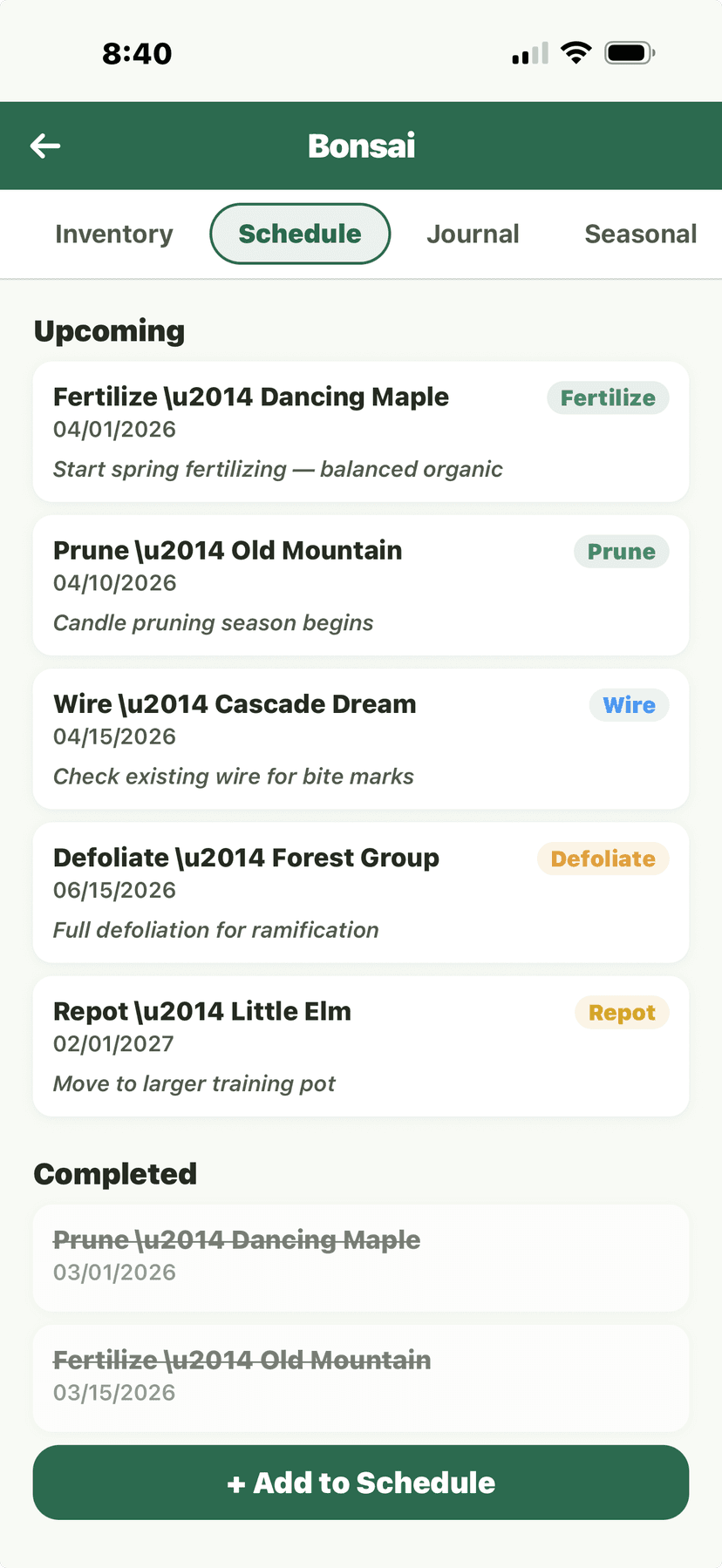 Bonsai - Schedule with upcoming tasks