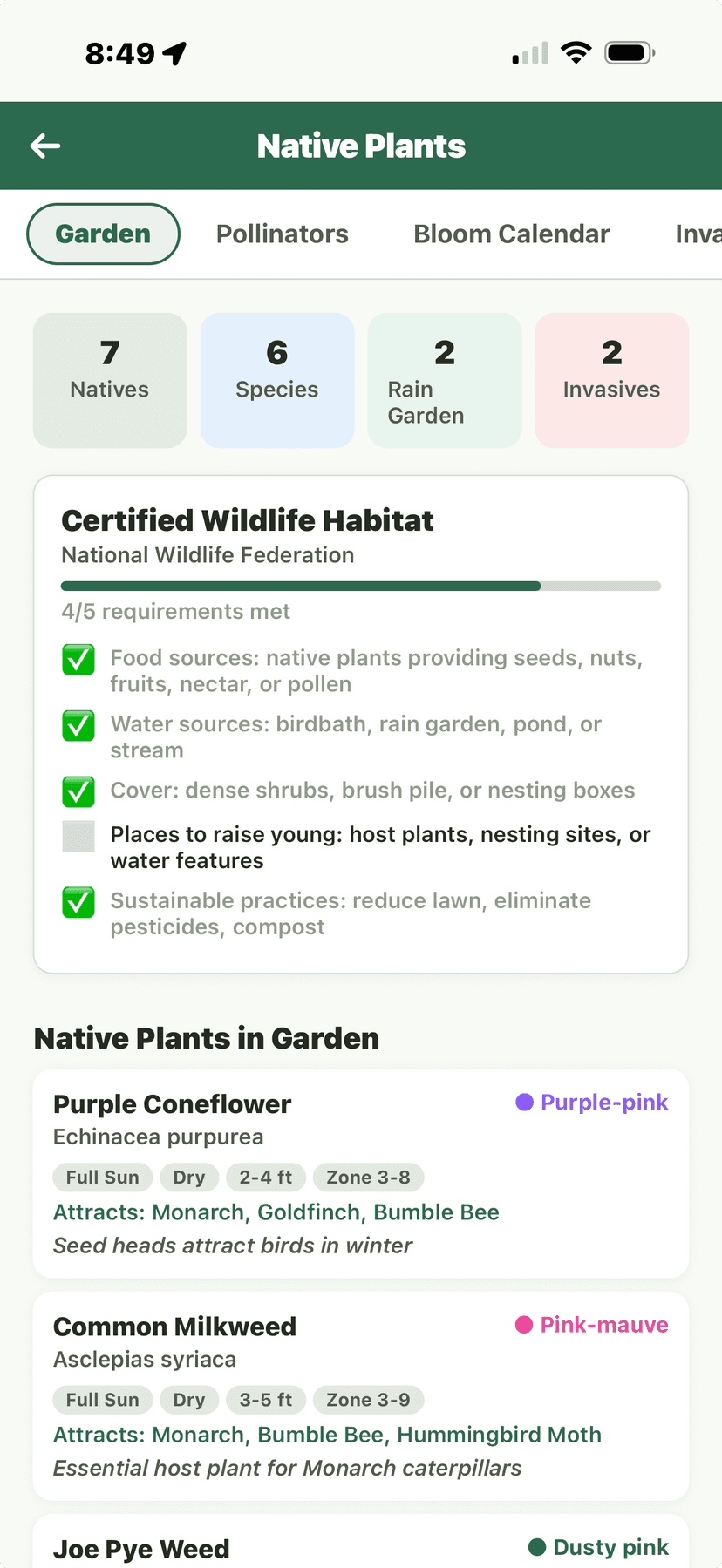 Native Plants - Garden tab with habitat checklist