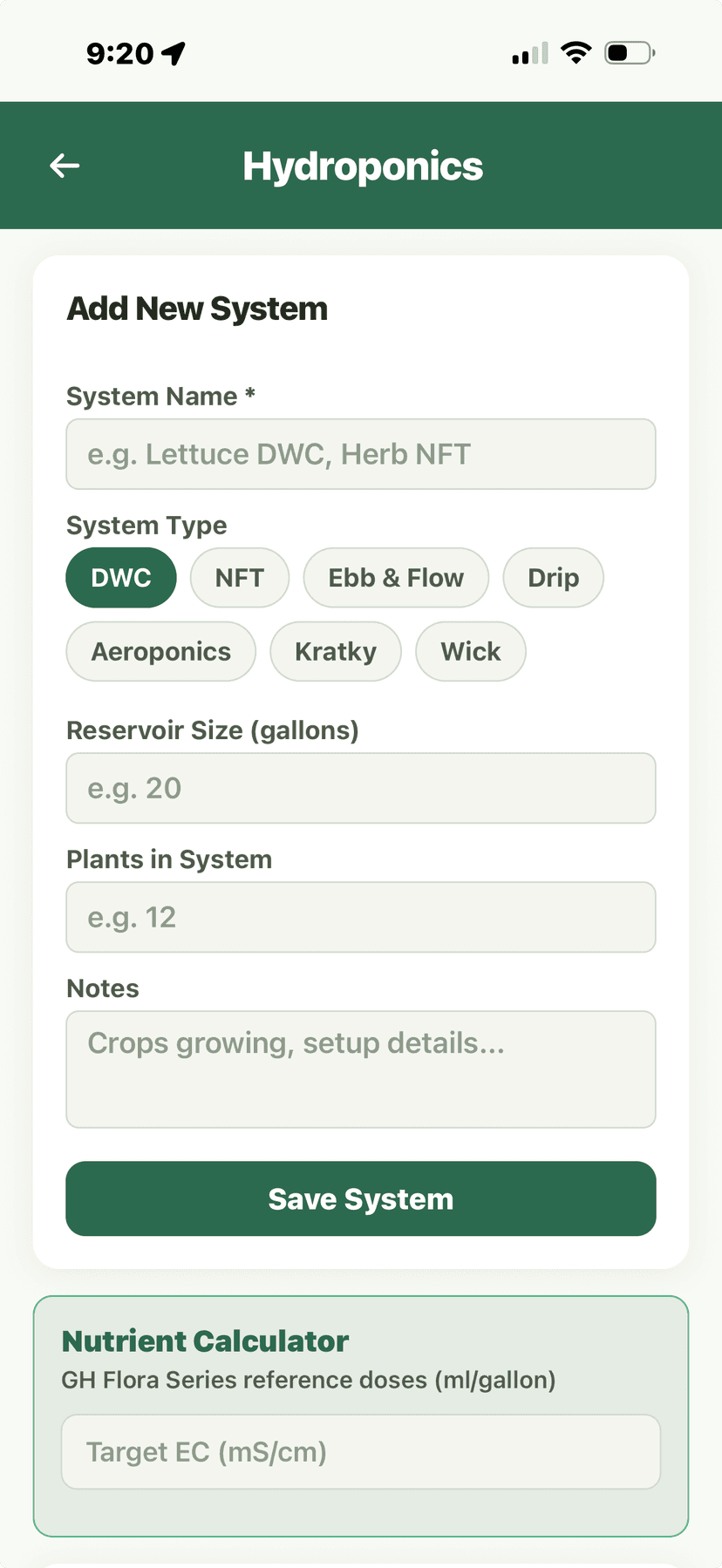 Hydroponics - Add New System form