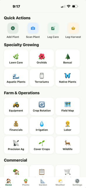 Home screen Quick Actions showing Log Harvest button