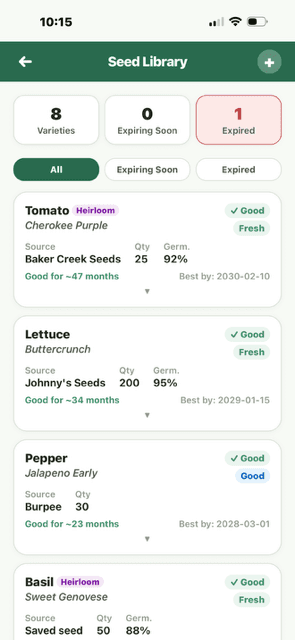 Seed Library list with 8 varieties, Heirloom badges, viability indicators: Fresh/Good, quantity and germination %