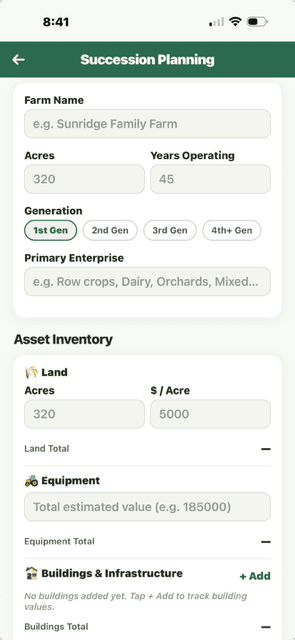 Succession Planning - Farm Name, Acres, Years Operating, Generation selector, Primary Enterprise, Asset Inventory with Land and Equipment