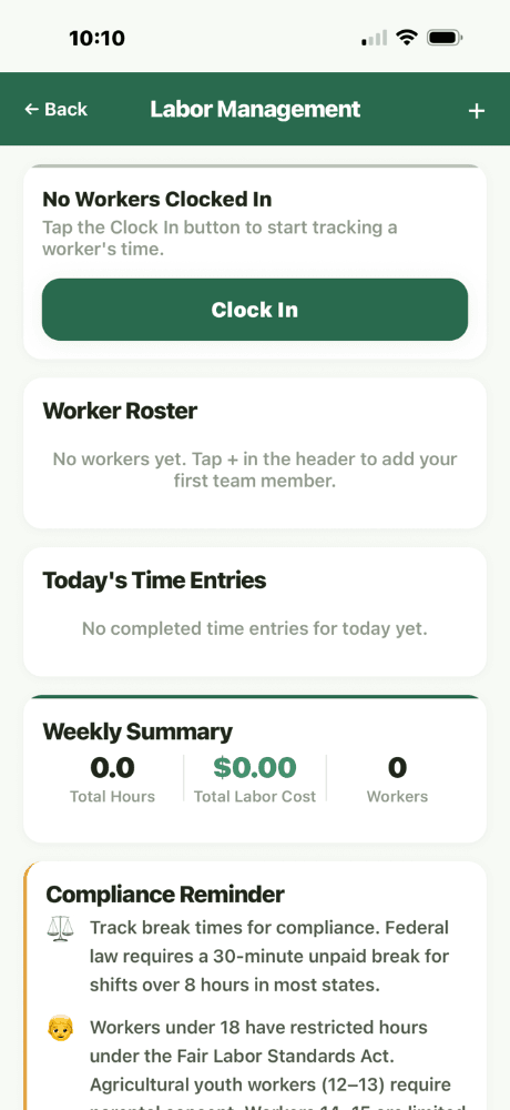 Labor Management - Clock In, Worker Roster, Today's Time Entries, Weekly Summary, and Compliance Reminder